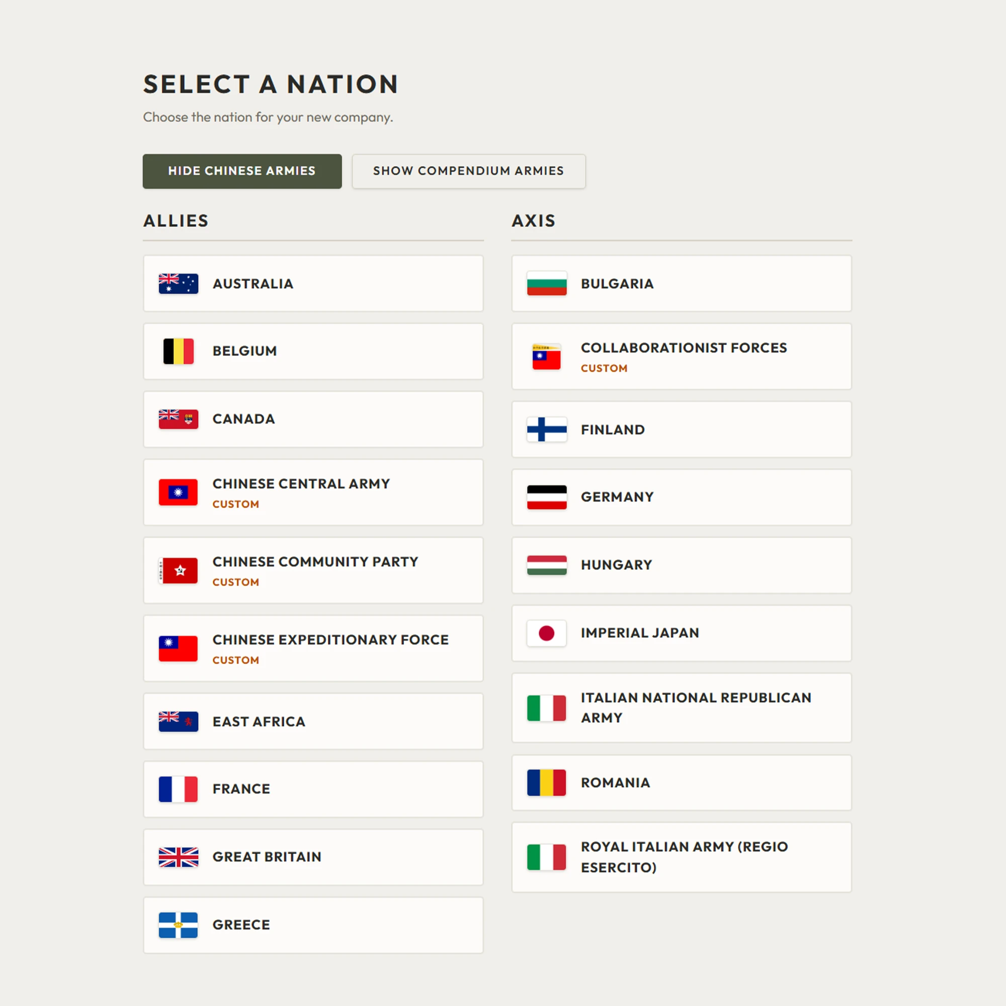 Nation selection showing published armies alongside clearly labeled custom Chinese and Collaborationist forces.