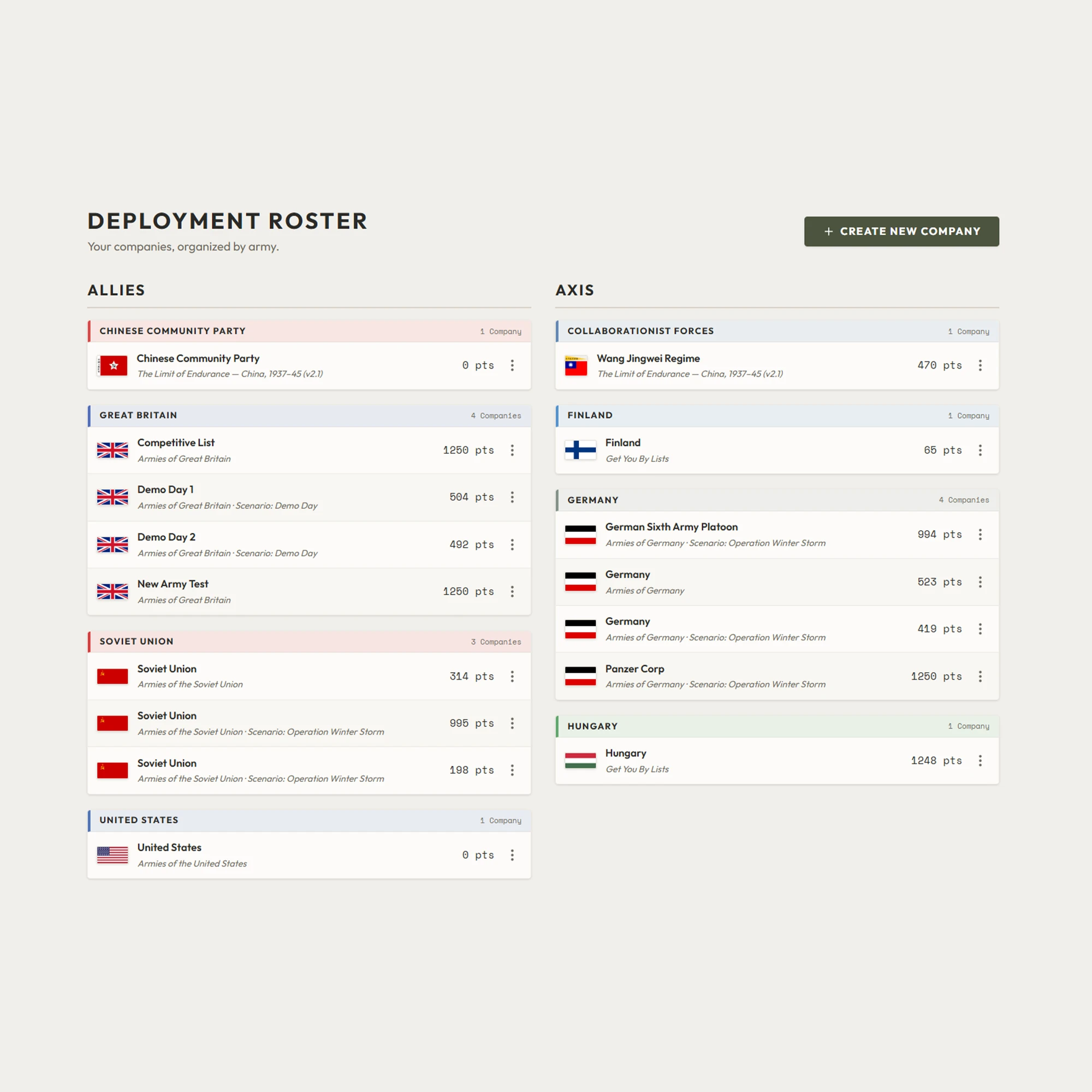 Deployment Roster showing saved companies grouped by army under Allies and Axis.
